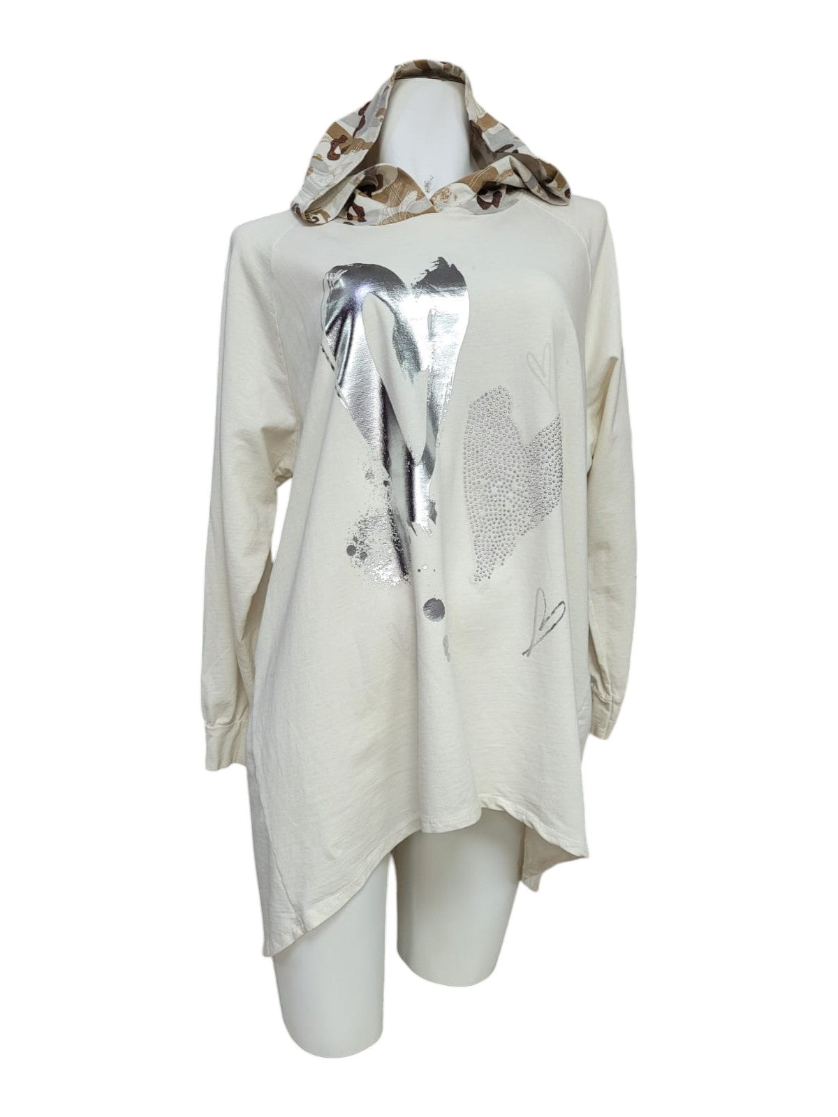 Polerón Italiano Oversize Blanco con Estampado Plateado y Gorro