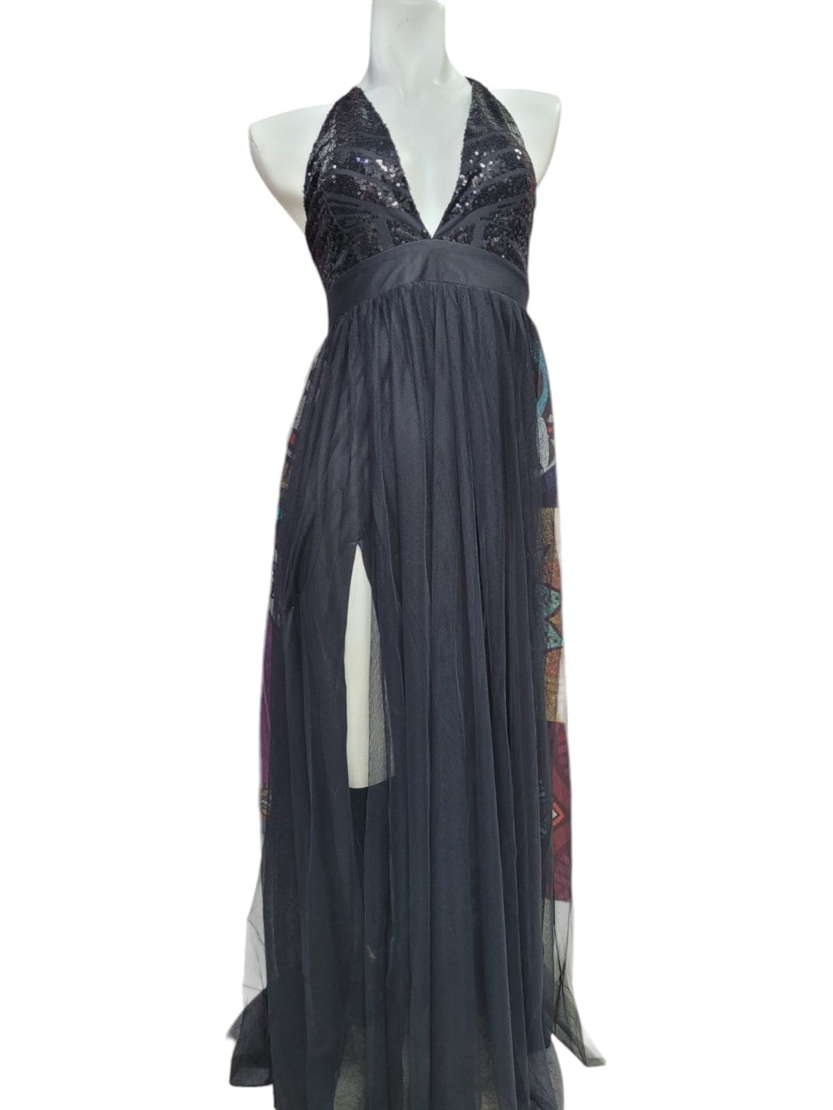 Vestido de Fiesta con Escote Abierto con Detalle de Lentejuelas