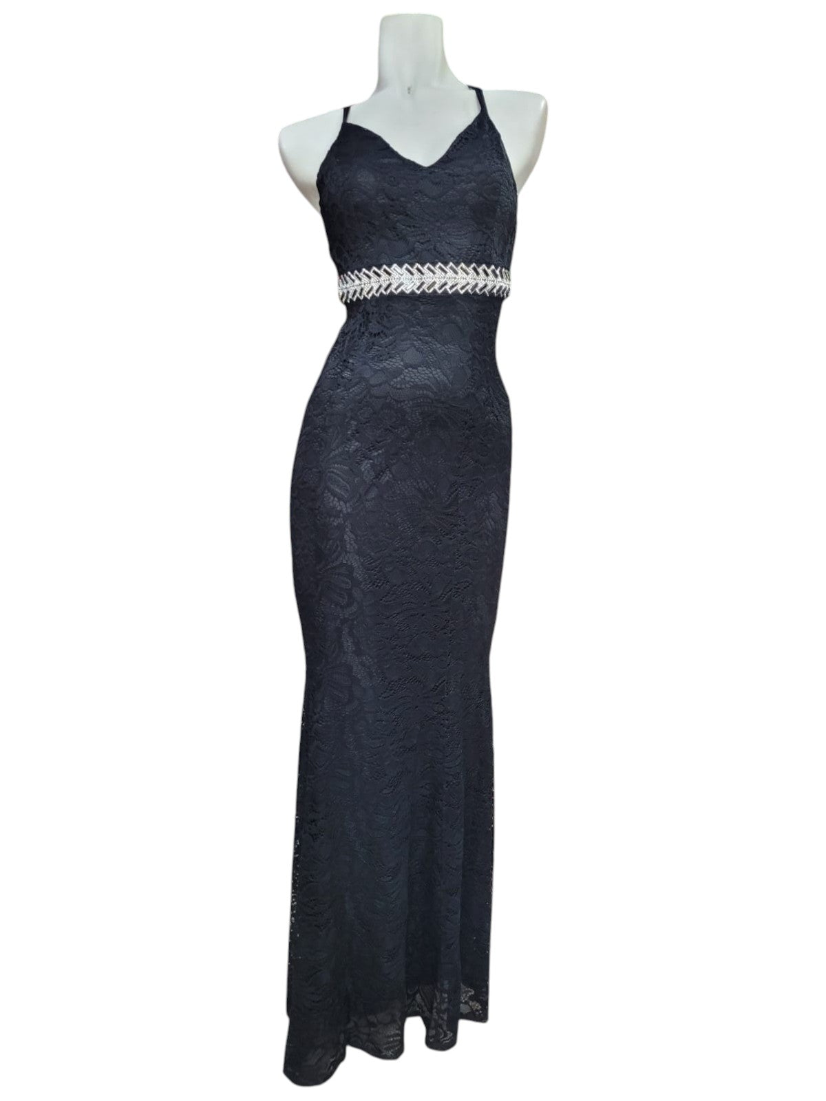 Vestido Fiesta De Encaje con Detalle de Brillos a la Cintura y Tirantes