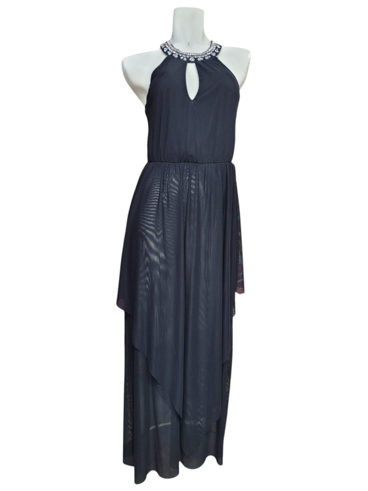 Vestido Fiesta Negro de Gasa con Detalle Sujetador al Cuello con Brillantes