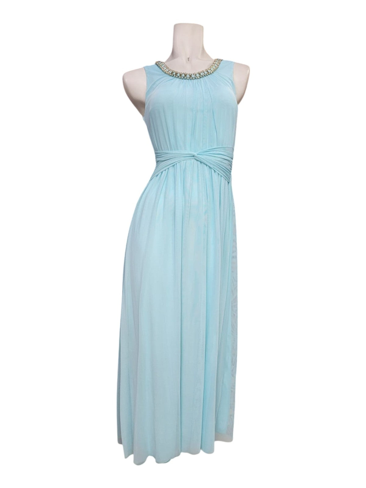 Vestido Fiesta Celeste Modelo Griego con Detalle al Cuello con Brillantes