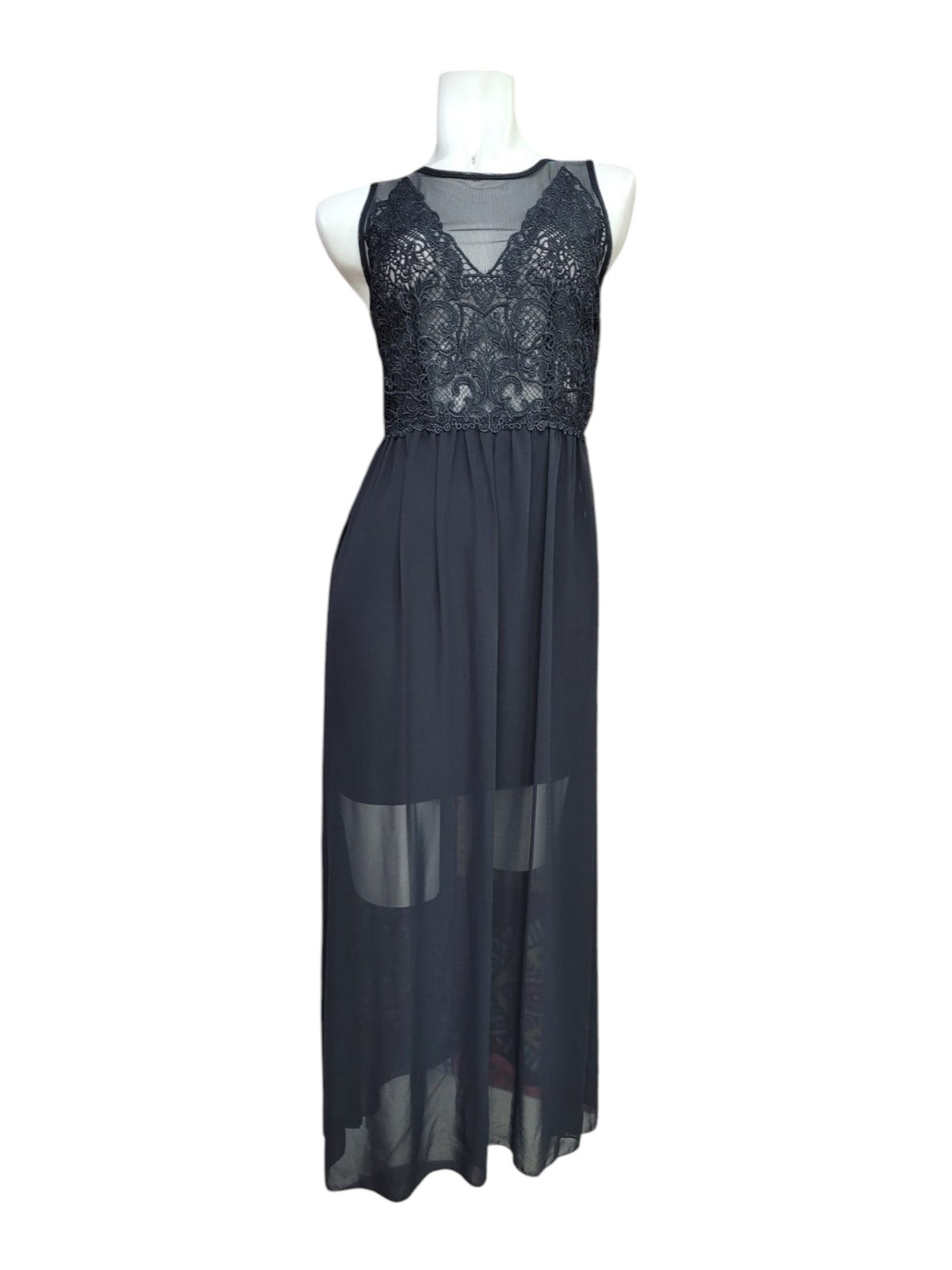Vestido Fiesta Negro con Encaje y Transparencias Sin Mangas