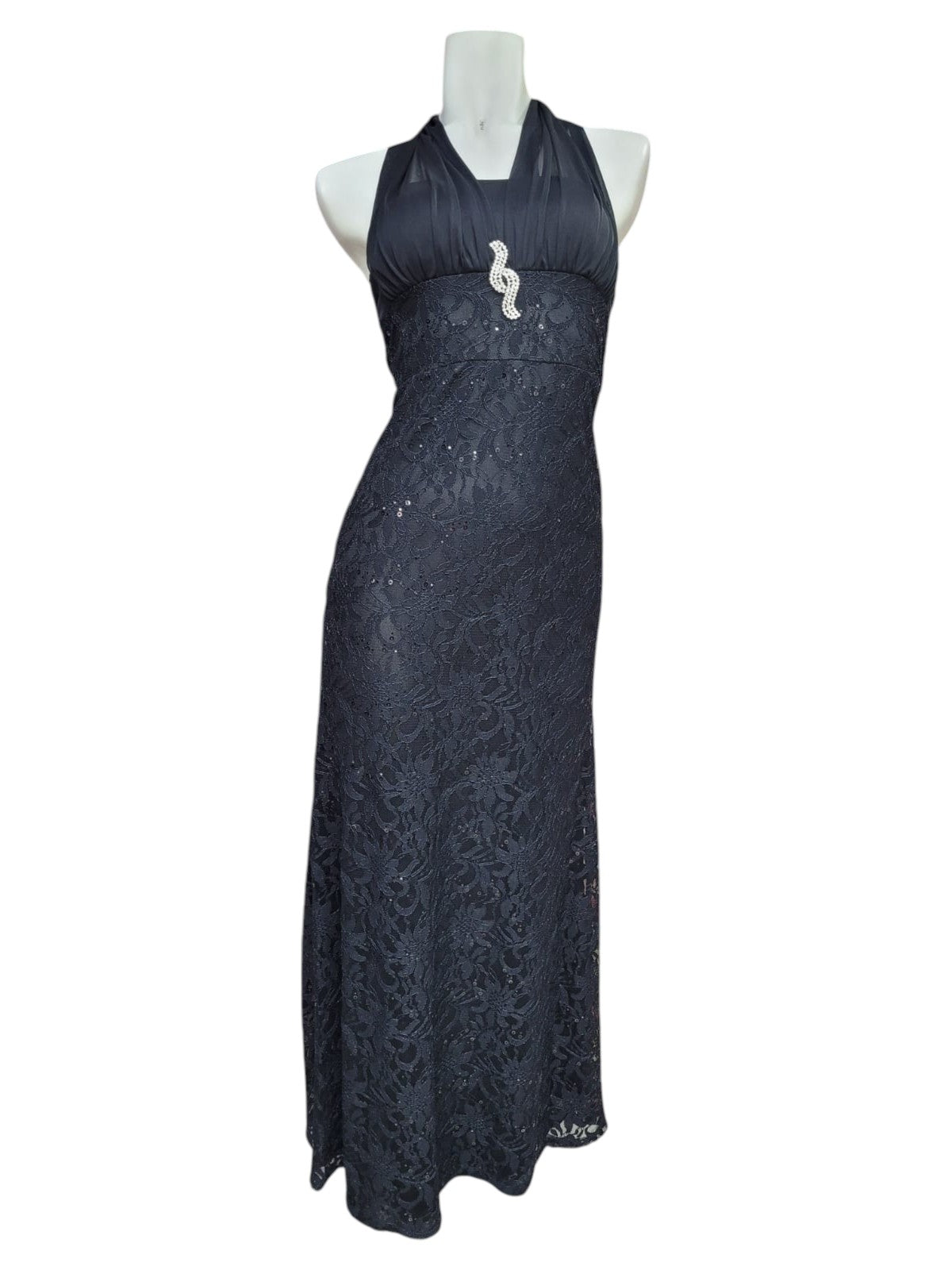 Vestido Fiesta Negro de Gasa con Detalle de Encaje y Lentejuelas y Adorno en el entre busto