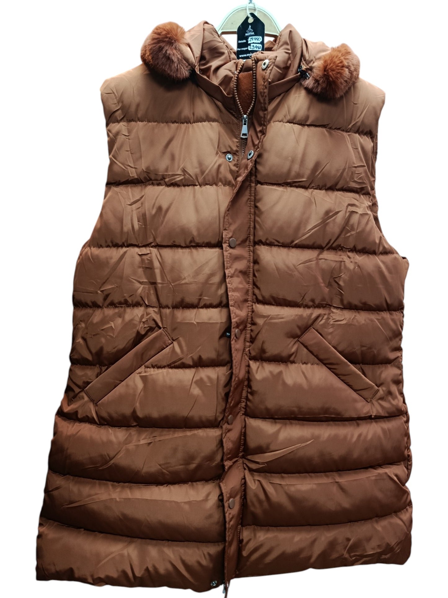 Parka Larga sin Mangas con Capucha Peluda – Estilo y Abrigo en Cada Paso