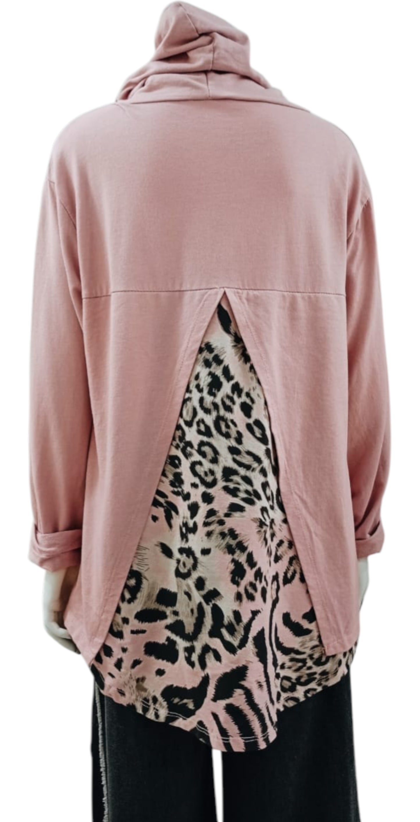 Polerón Italiano Rosa con Capucha y Detalles en Dorado y Animal Print