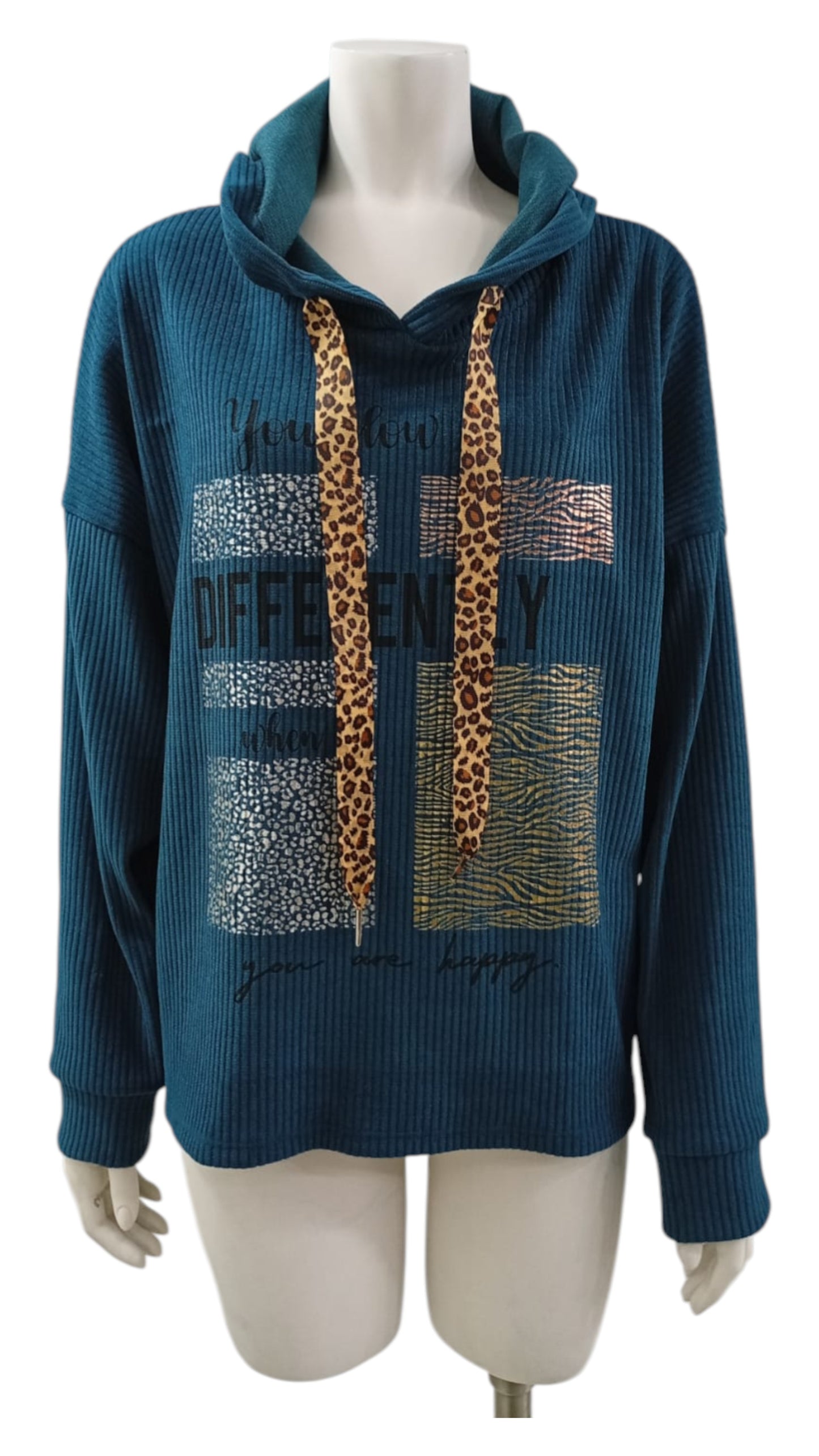 Polerón Italiano Verde Petróleo con Capucha y Detalles Animal Print