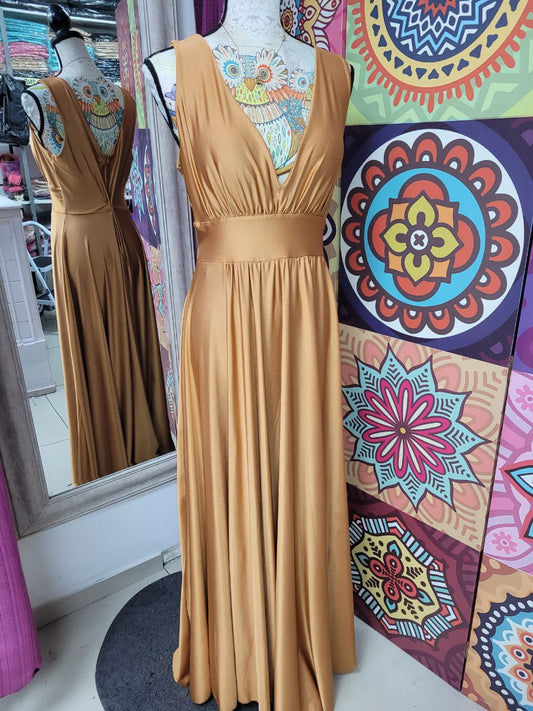 Vestido de Fiesta en Satén Elasticado Mostaza Estilo Princesa