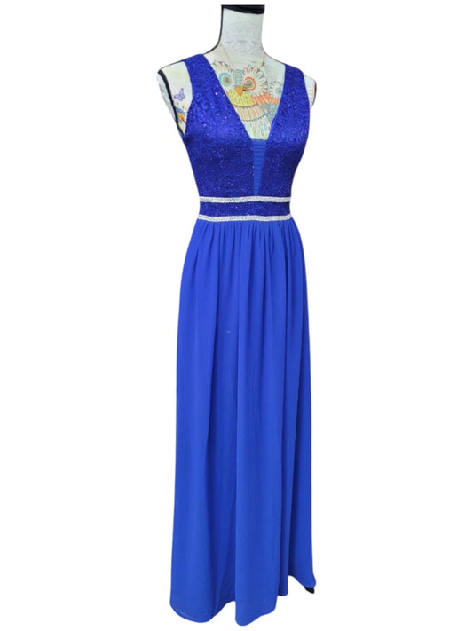 Vestido de Fiesta Azul Rey con Cinturón Plateado