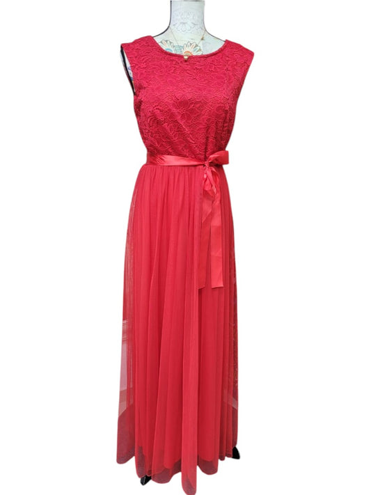 Vestido de Fiesta Rojo Sin Mangas en Gasa con Detalles de Encaje