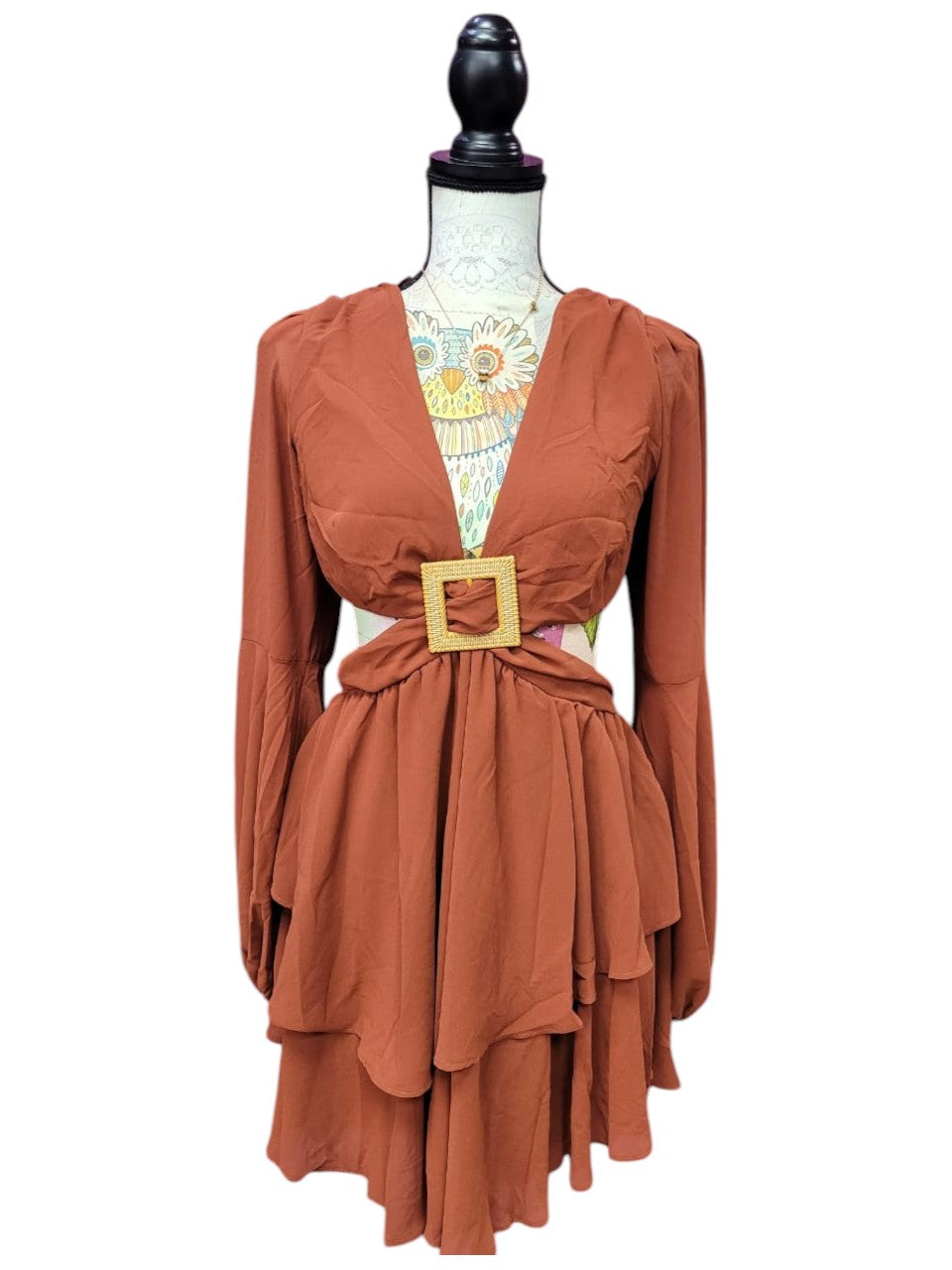 Vestido Terracota Elegante de Manga Larga y Escote en V