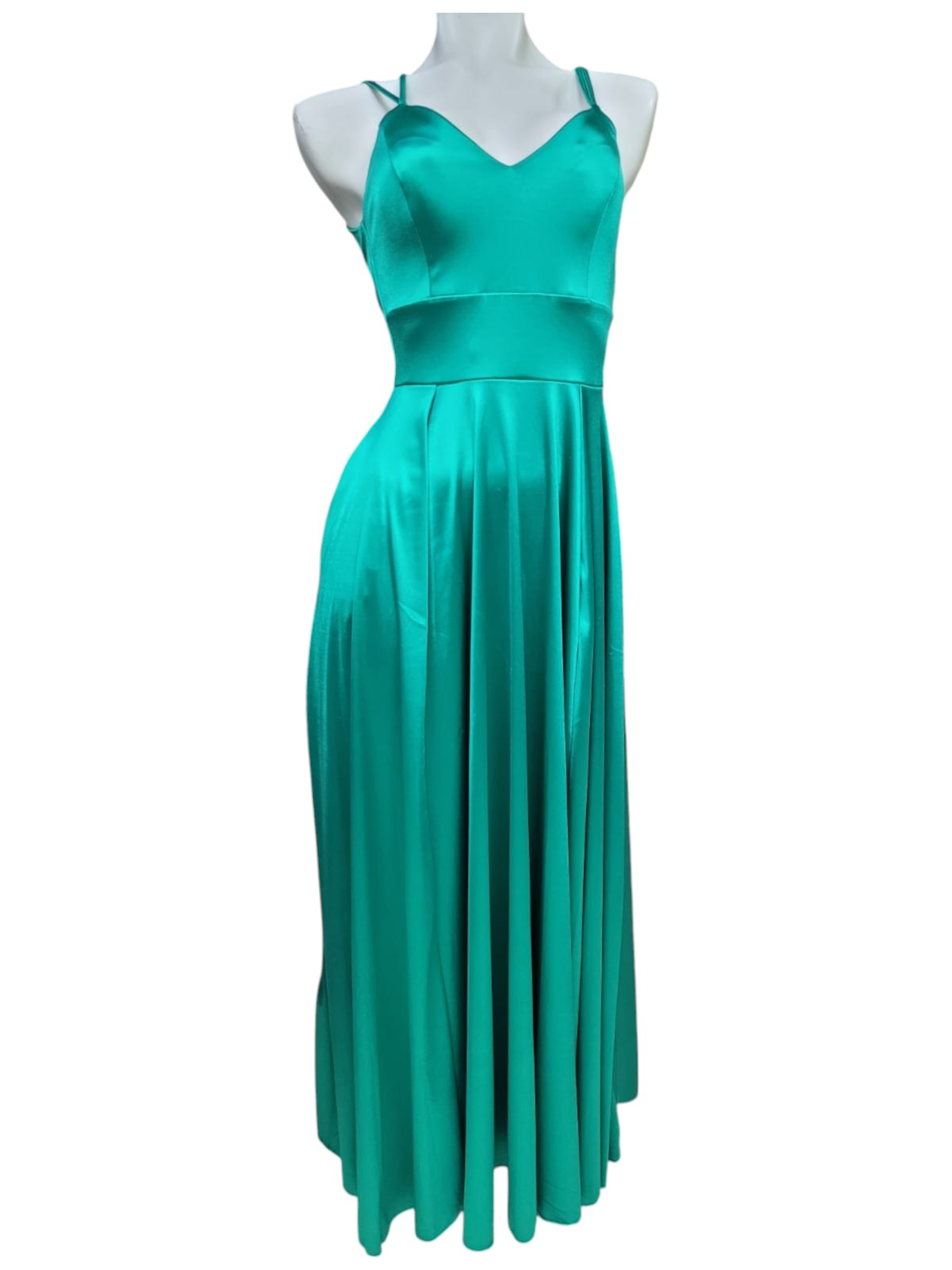 Vestido de Fiesta Verde satén elasticado con tirantes al hombro
