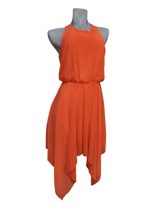 Vestido de Fiesta Naranjo de Gasa sin Mangas con ajuste a la cintura