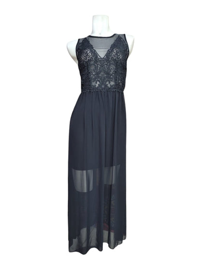 Vestido Fiesta Negro con Encaje y Transparencias Sin Mangas