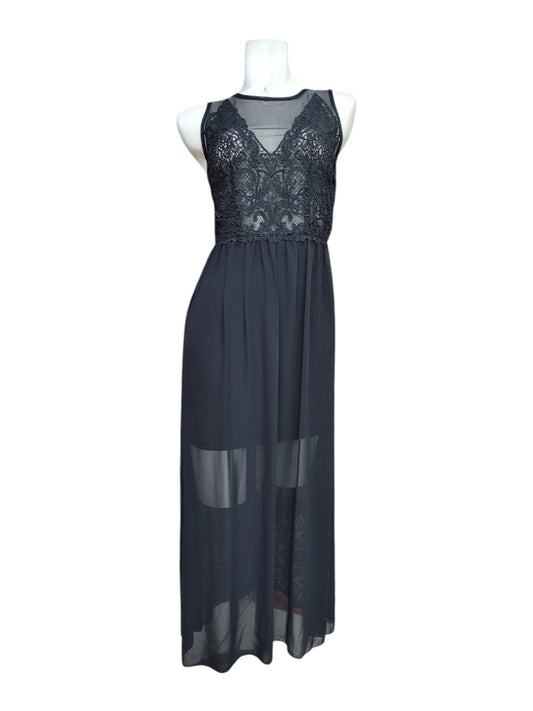 Vestido Fiesta Negro con Encaje y Transparencias Sin Mangas