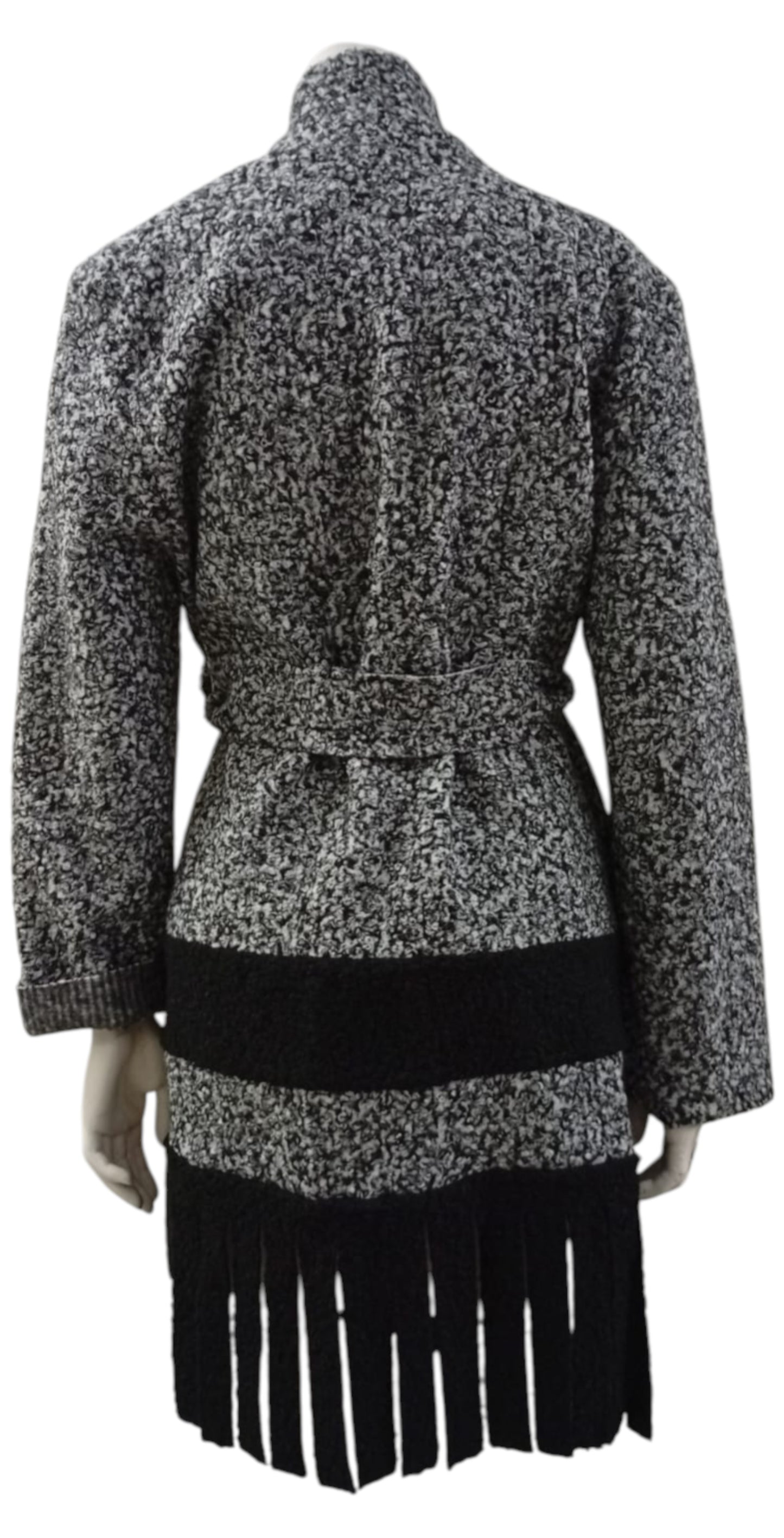 Cardigan Italiano Gris con Flecos Negros y Amarra a la Cintura