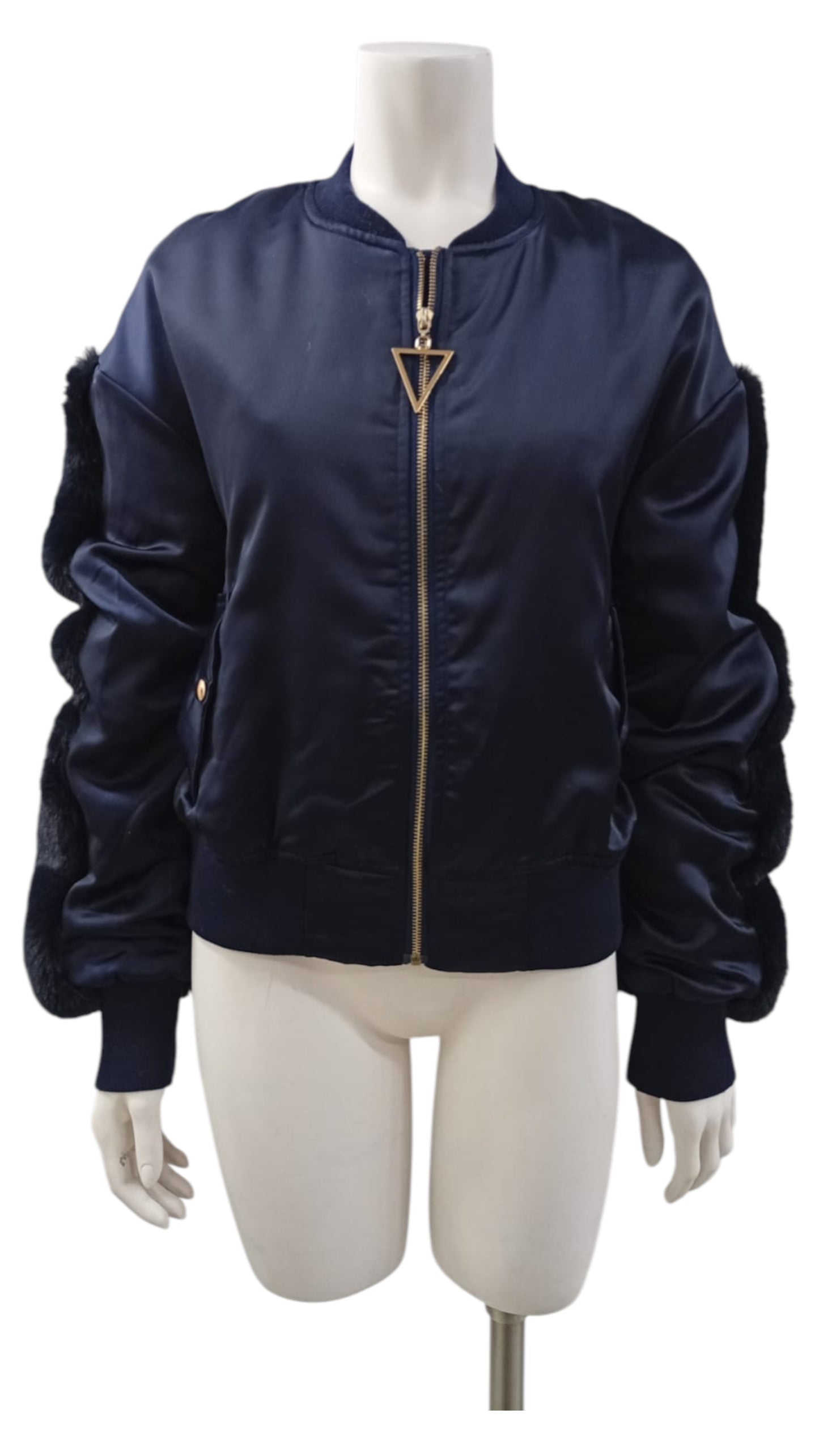 Chaqueta con Mangas Peludas Azul Oscuro – Corte a la Cintura