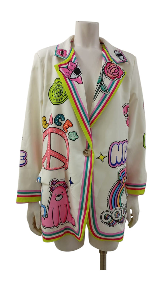 Blazer Italiano "Color & Palabras" – Blanco con Estampados Vivos